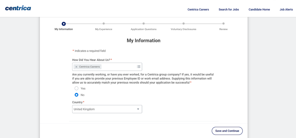 Centrica application online form