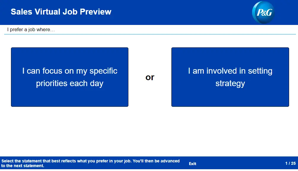 P&G sales virtual job preview personality statements