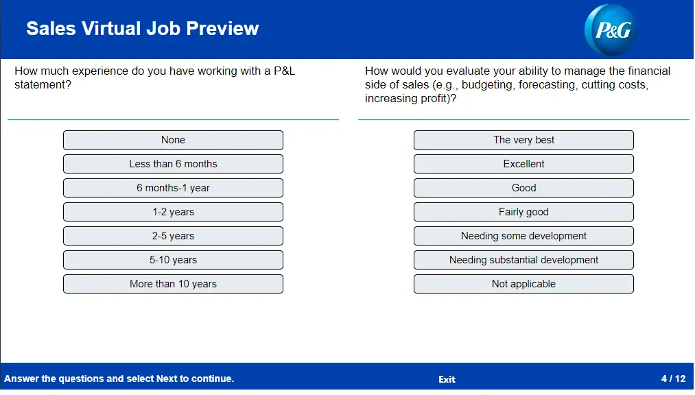 P&G sales virtual job preview experience questions